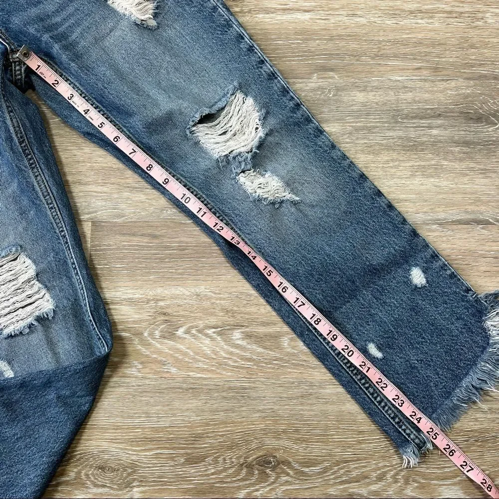 Zara boyfriend jeans distressed frayed hem w/ leopard detail‎